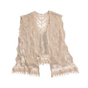 TaRoo Crochet Lace Fringe Boho Vest Cream Open Front Cotton Medium Est